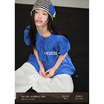 蓝色泡泡袖娃娃衫v领荷叶边衬衫