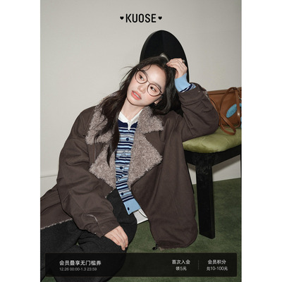 深棕色翻领毛毛休闲夹克外套