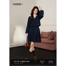 女收腰短裙子毛衣裙 新款 阔色藏蓝色长袖 v领学院风连衣裙25秋冬季