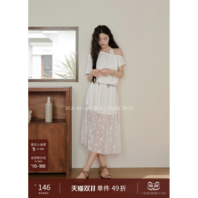 法式挂脖蕾丝连衣裙女新款斜肩