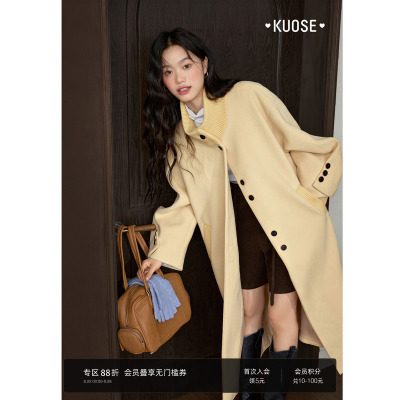 黄色立领呢子大衣长款女