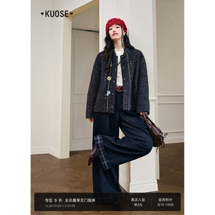 宽松直筒阔腿裤 新款 子 女2025秋冬季 阔色深蓝色格子加绒休闲牛仔裤