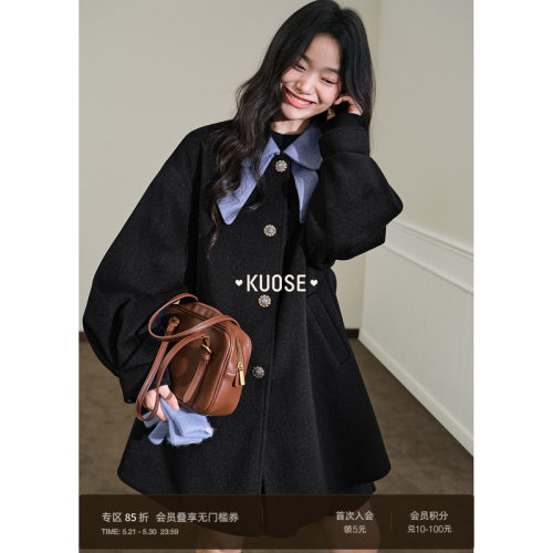 娃娃领黑色毛呢外套短款女装