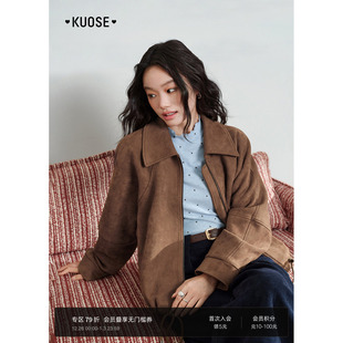 女长袖 新款 宽松上衣 25秋冬季 阔色复古棕色翻领仿麂皮外套休闲短款