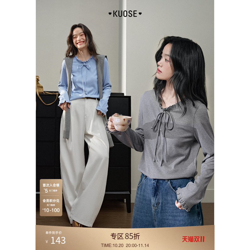 miu系蝴蝶结正肩长袖t恤