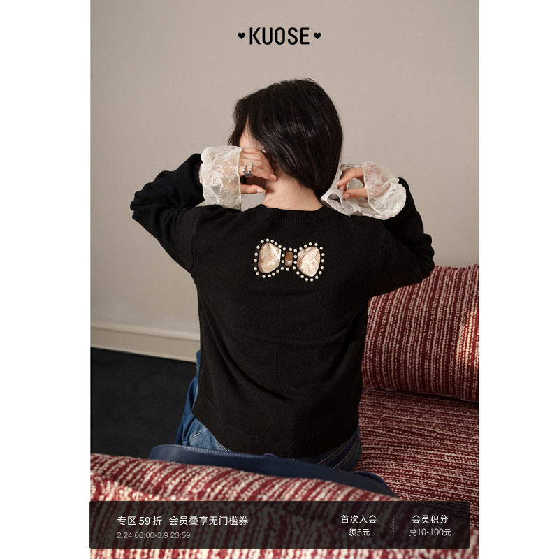 阔色黑色蝴蝶结圆领套头毛衣女2025秋冬季新款内搭打底针织衫上衣