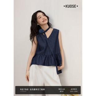 阔色v领牛仔背心吊带搭配立体花飘带女25夏季 上衣 新款 深蓝色无袖