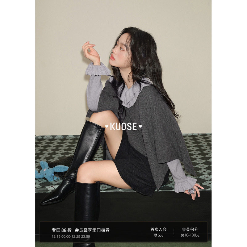 长袖针织衫披肩斗篷毛衣两件套