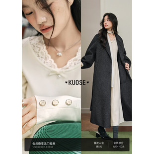 阔色米白色蕾丝花边针织连衣裙女2025秋冬季 内搭打底毛衣裙子 新款