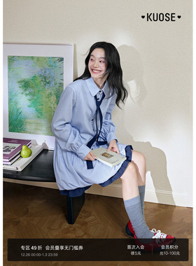 阔色学院风条纹衬衫花苞连衣裙女25秋季新款蓝色蝴蝶结长袖短裙子