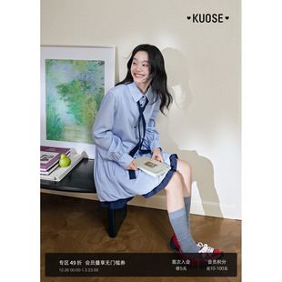 蓝色蝴蝶结长袖 新款 短裙子 花苞连衣裙女25秋季 阔色学院风条纹衬衫