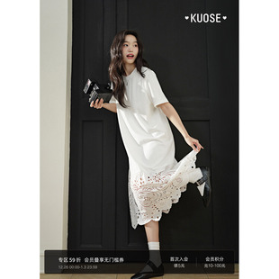 长裙子夏 气质短袖 阔色镂空刺绣休闲T恤连衣裙白色女2025秋季 新款