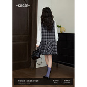 阔色深灰色格纹背心连衣裙叠穿短款 花苞短裙 无袖 女2025秋冬季 新款