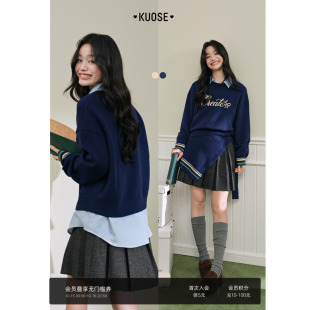 女上衣黄 miu系穿搭新款 阔色藏蓝色毛衣海军领披肩针织衫 25秋冬季