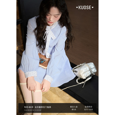 蝴蝶结条纹衬衫裙长袖连衣裙