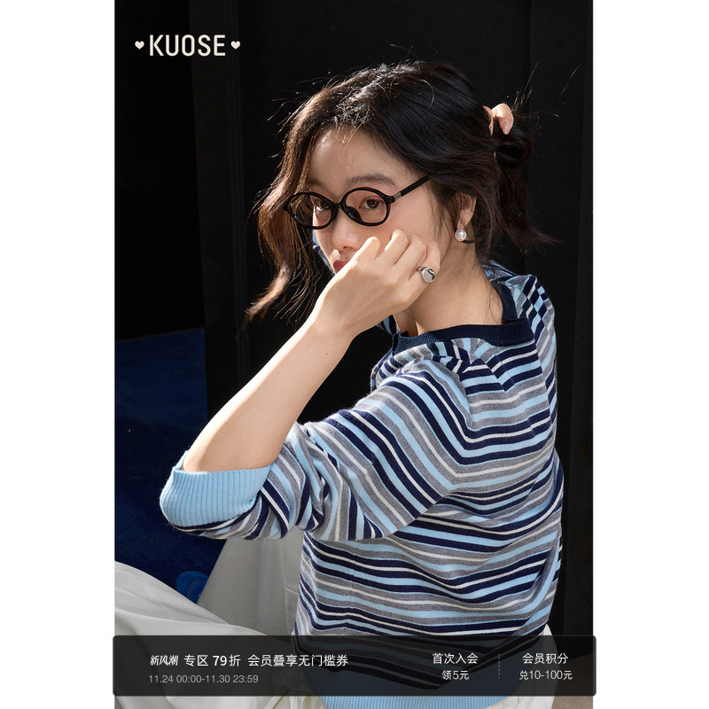 通勤休闲条纹圆领毛衣女