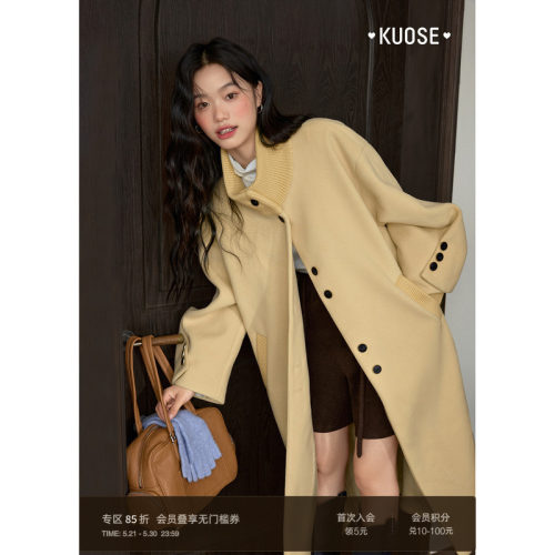 黄色立领呢子大衣长款女