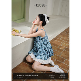 闊色海邊度假風藍色暈染上衣女2025夏季 玫瑰印花小吊帶背心 新款