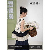 无袖 阔色v领水墨印花拼接木耳边波点吊带背心女25夏季 新款 上衣长