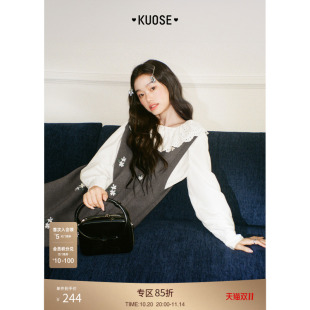 阔色灰色v领针织刺绣连衣裙女2025秋冬季 外搭毛衣背心短裙子 新款