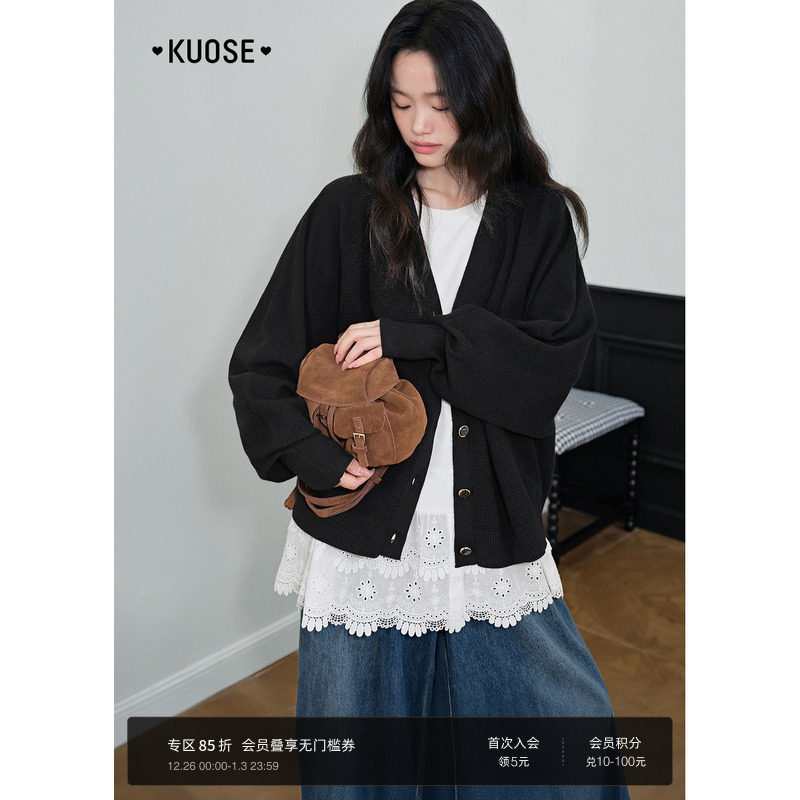 黑色v领气质针织开衫上衣女