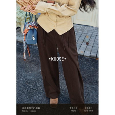 深棕色蝴蝶结工装长裤子女阔腿裤