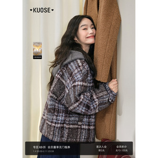 阔色格子连帽外套短款休闲穿搭2025秋冬季新款女格纹长袖保暖上衣