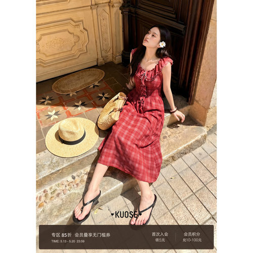 红色荷叶边格子露背连衣裙女