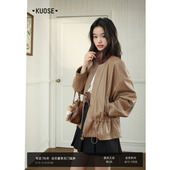 阔色卡其色pu皮翻领美拉德外套女2026春季 抽绳收腰皮衣上衣秋 新款