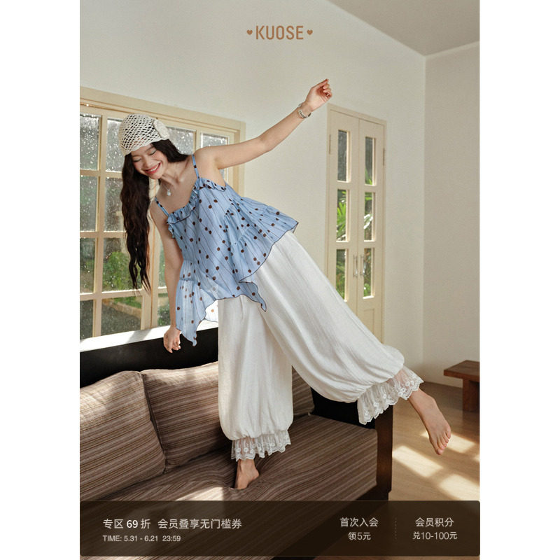 阔色浅蓝色木耳边波点吊带背心女2026夏季新款天丝海边度假上衣春