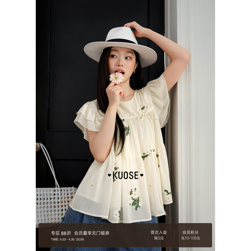 阔色刺绣飞袖雪纺衫宽松娃娃衫小衫2026春夏季新款女衬衫短款上衣