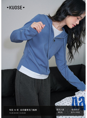 阔色蓝色假两件连帽毛衣女2025秋冬季新款拼接修身打底针织衫上衣