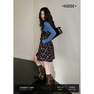 v领蝴蝶结a字短裙子 新款 阔色复古格子挂脖无袖 连衣裙女2025秋冬季