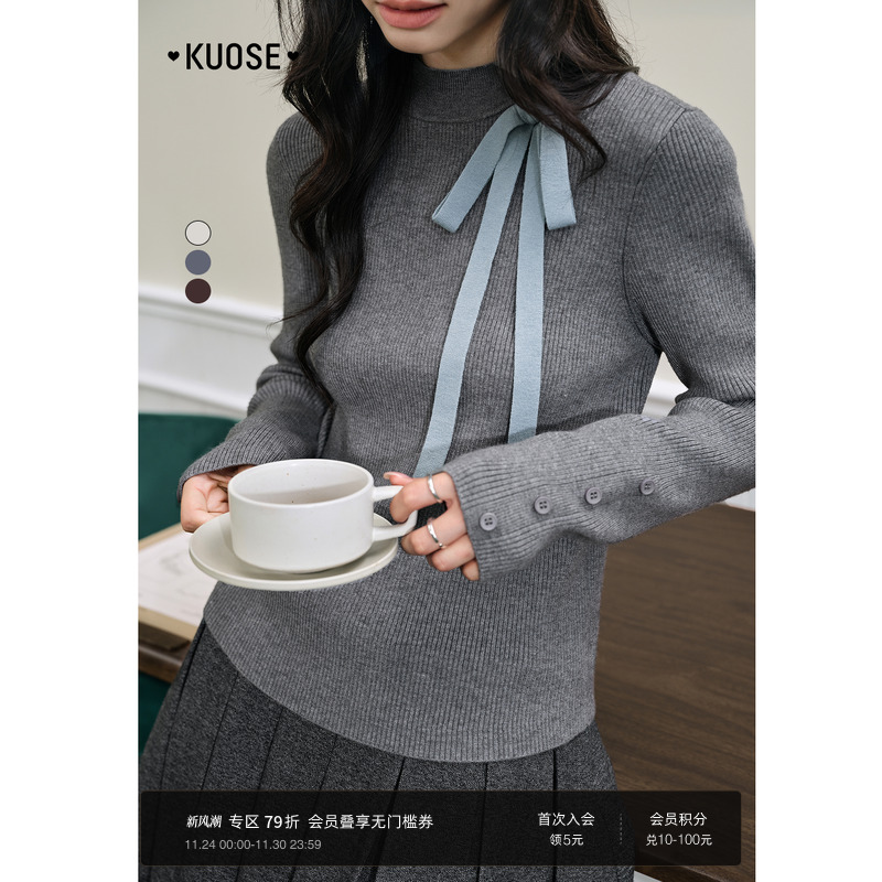 灰色蝴蝶结半高领长袖针织衫