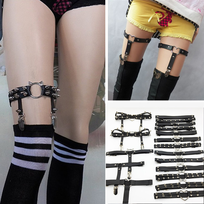 亚系朋克丝袜夹吊带爱心腿环铆钉勒肉皮带女y2k情趣大腿绑带饰品