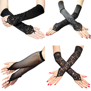 生日蹦迪手袜蕾丝袖 婚纱旗袍****新娘礼服缎面勾中指手套女 套法式