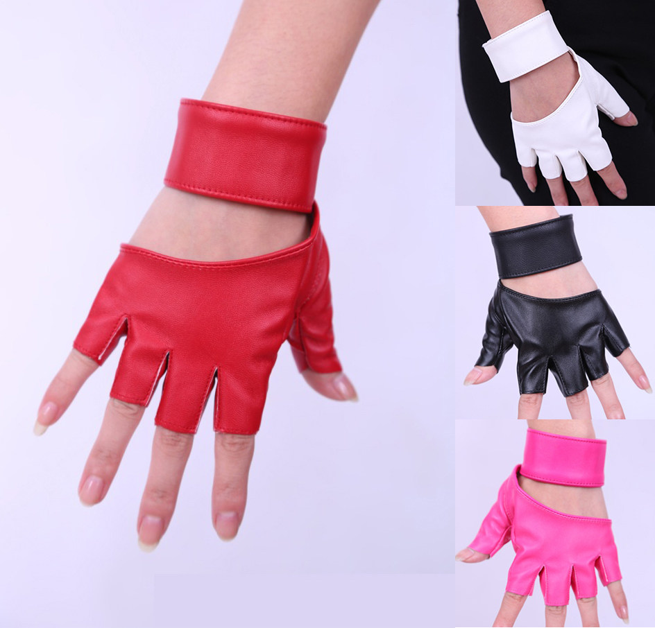 女团架子鼓演出霹雳舞跳舞专用皮手套酷帅白五指手套半截cos女士