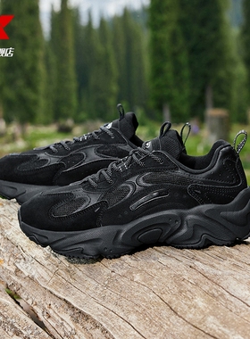 特步女鞋星陨TD运动鞋休闲鞋网面轻便秋冬季加绒棉鞋老爹鞋全黑色