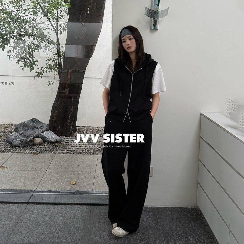 气质~JVV十三行2026夏季新款连帽拼接短袖马甲休闲长裤卫衣女套装