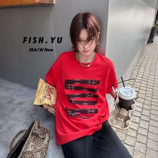 复古辣妹皮带印花宽松圆领短袖 美式 t恤 新款 十三行FISHYU春季