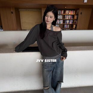 JVV十三行2026春季新款设计感斜肩挂脖露肩上衣假两件女T恤