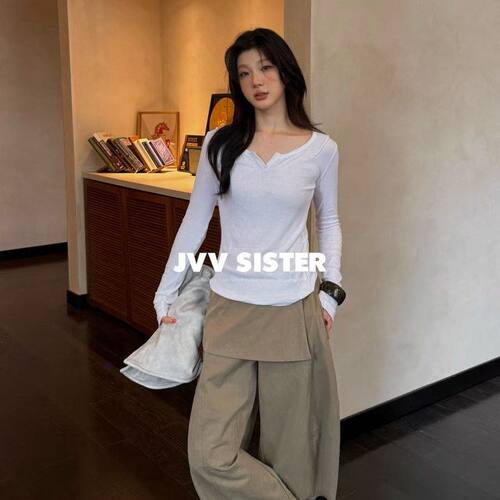 2026秋V领百搭显瘦长袖T恤女