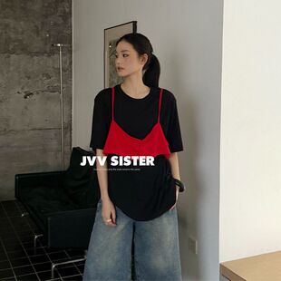 JVV十三行2026夏季新款叠穿假两件设计上衣宽松女潮休闲T恤