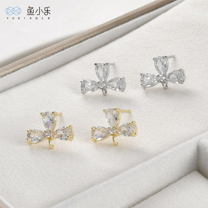 14k保色镀真金三叶花镶锆石带吊耳钉耳环手工diy耳饰手饰品配件