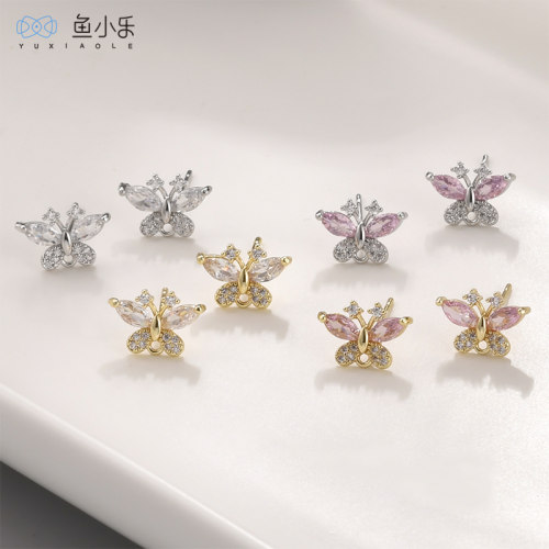 铜镀真金保色精致镶锆石蝴蝶耳钉