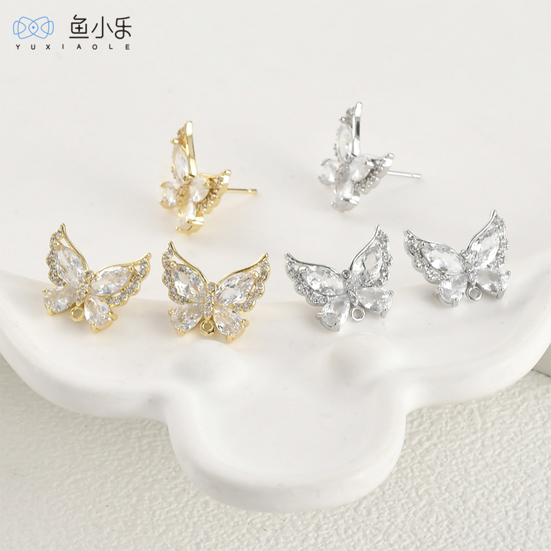 鱼小乐diy14k金镶锆石蝴蝶耳钉