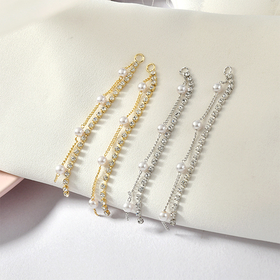 保色铜水钻仿珍珠耳饰流苏链条