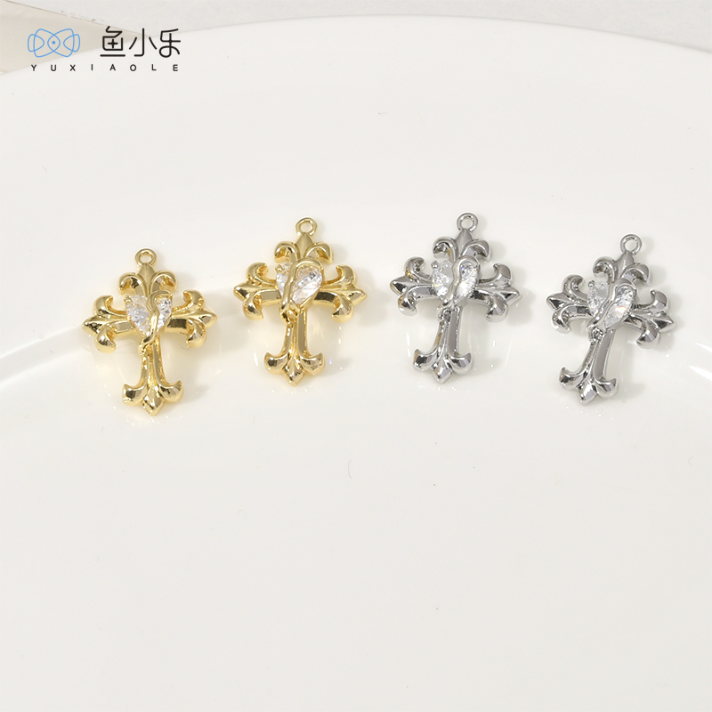 铜镀14k金十字架爱心吊坠DIY