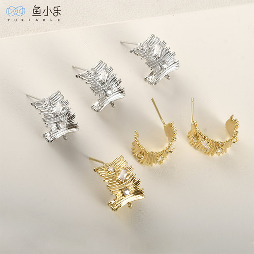 铜镀14k金锆石条纹C形耳钉DIY