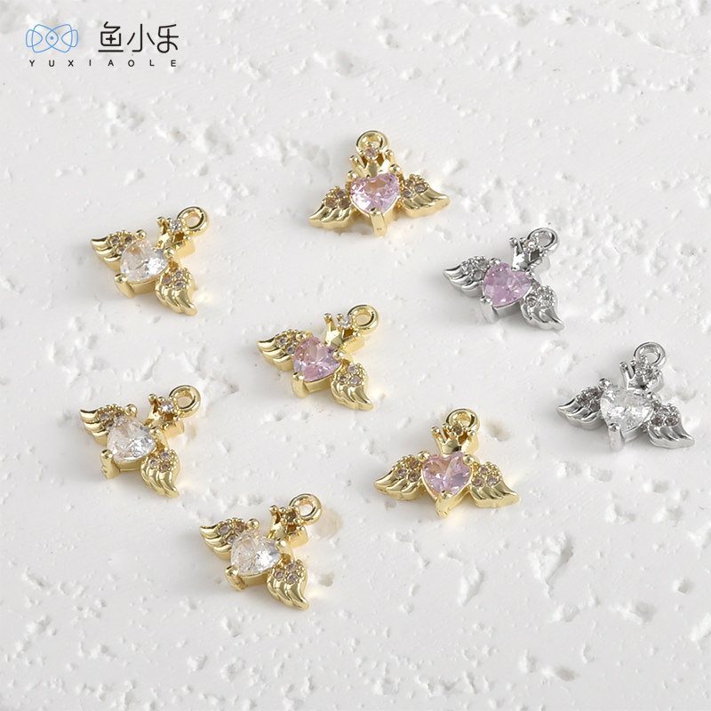 铜镀14k金迷你翅膀爱心小吊坠diy图片